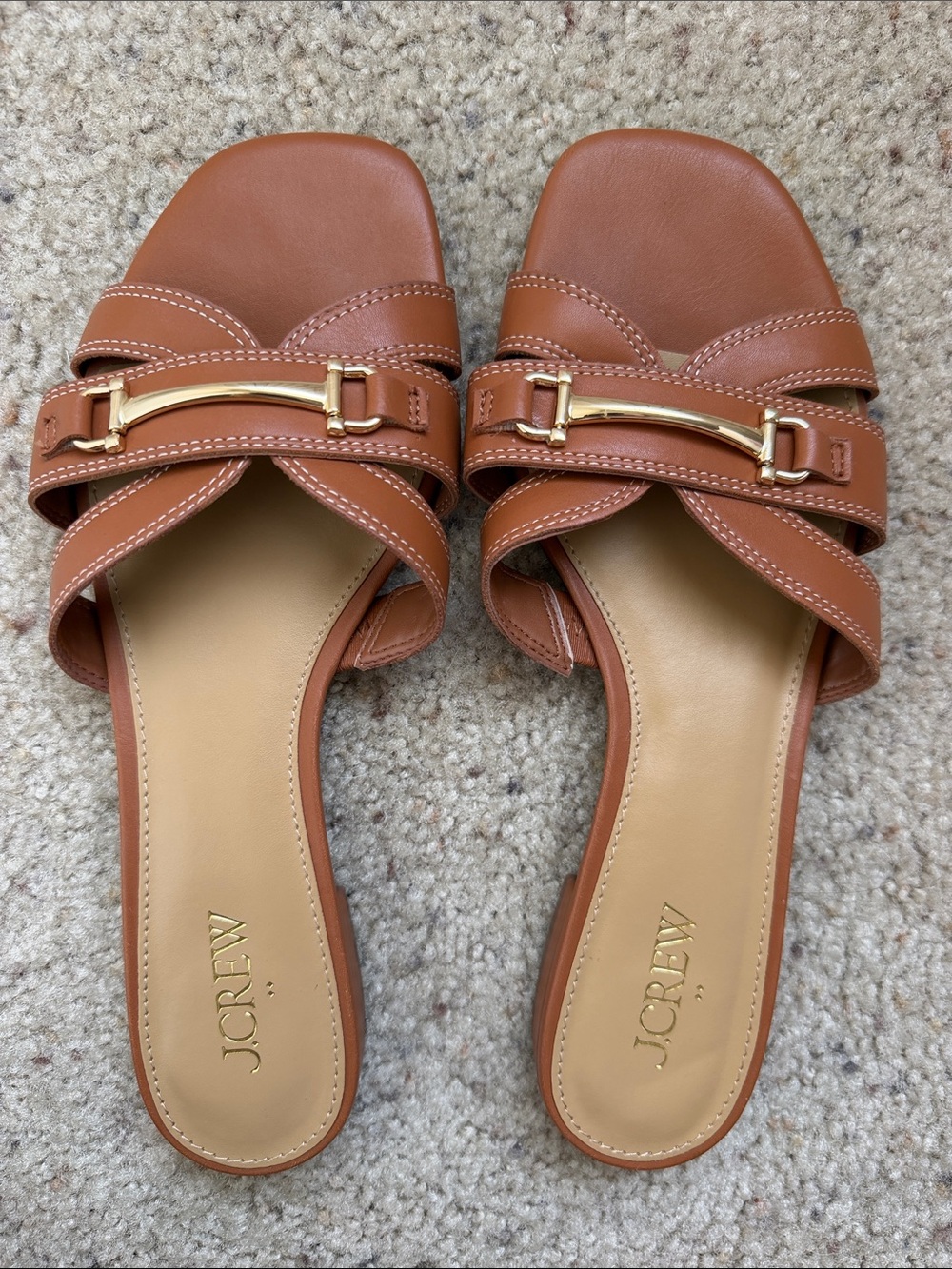 J. Crew Cognac Leather Slide Sandals with Gold Accent